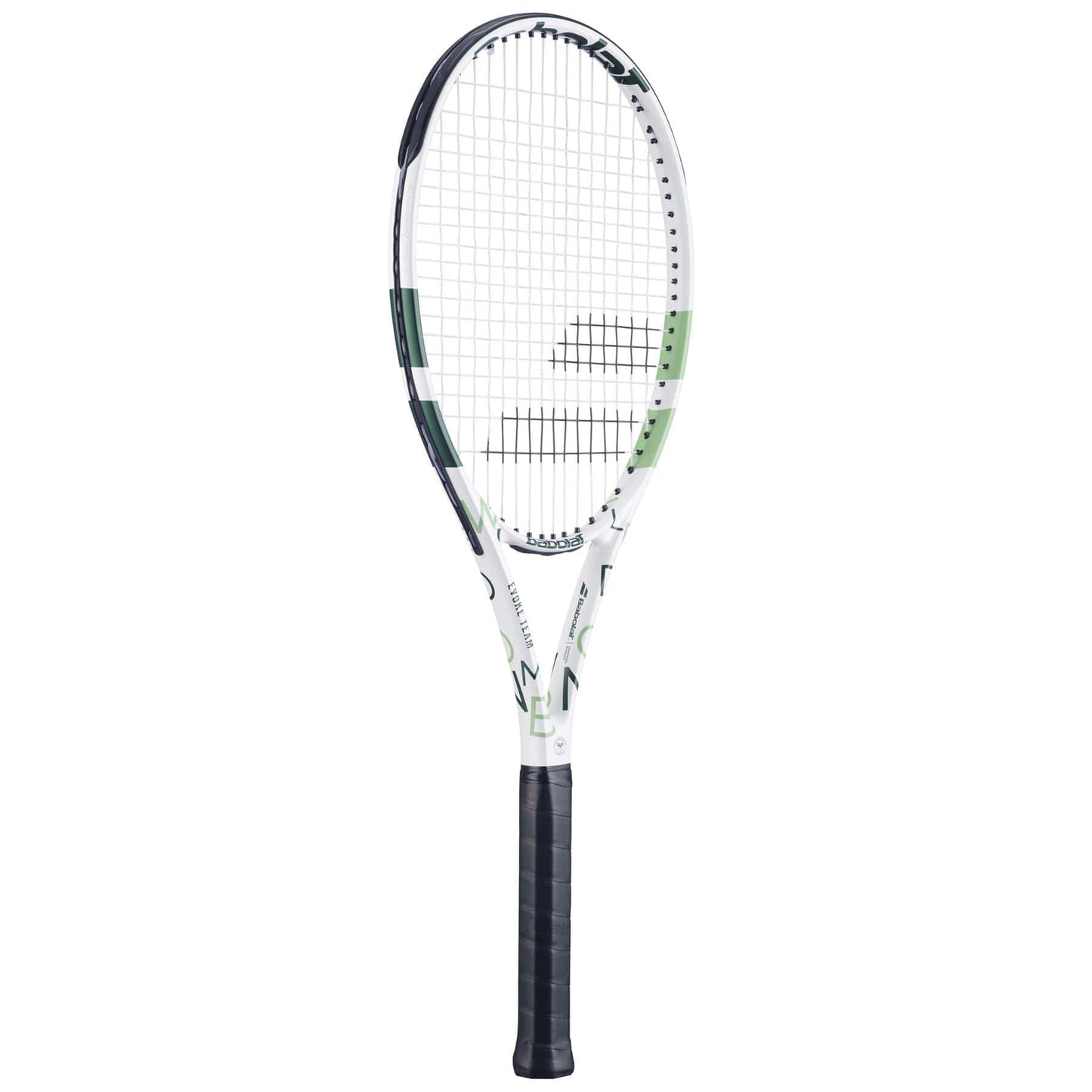 The Babolat Evoke Team Wimbledon 2025 Tennis Racket in white and champagne green stands upright against a plain white background, showcasing its lightweight build, black handle, and modern stringed design.