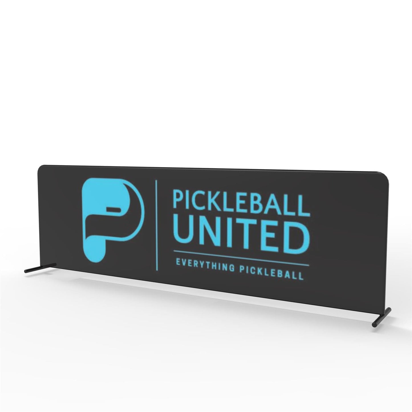 The Pickleball United Court Surround Barriers feature a black design with a steel frame, displaying the Pickleball United logo and “PICKLEBALL UNITED EVERYTHING PICKLEBALL” in light blue on white—perfect for professional spectator events.
