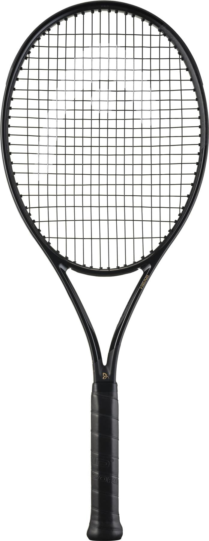 The HEAD Speed Pro Legend 2025 Tennis Racket - Black / Gold by HEAD, inspired by Novak Djokovic, stands upright with a black handle and tightly strung strings against a white background.