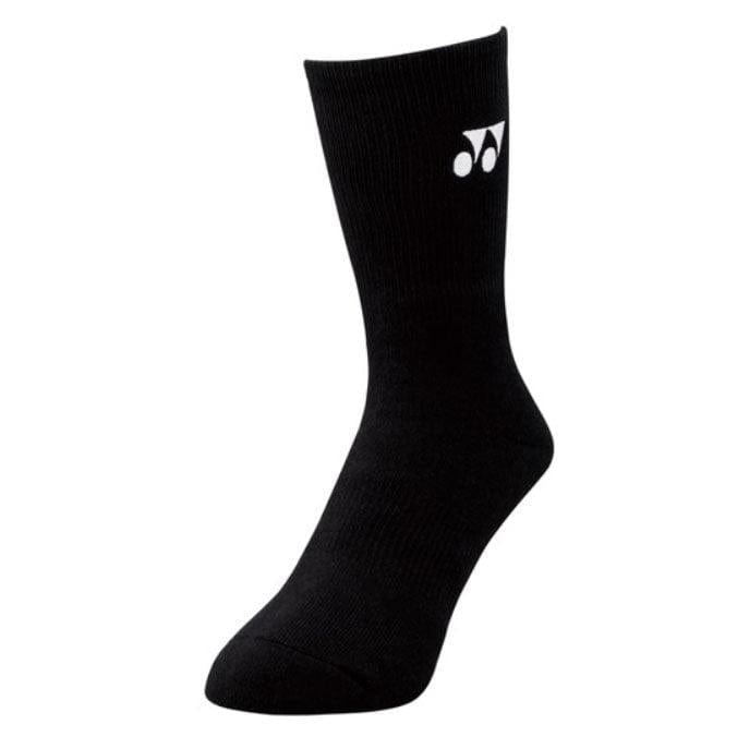Introducing the Yonex 19120YX 3D ERGO Crew Black Socks: A black, crew-length design featuring the iconic white logo near the top. With superior cushioning woven in, this ergonomic masterpiece is displayed against a plain white background, promising unmatched comfort and style with every step.