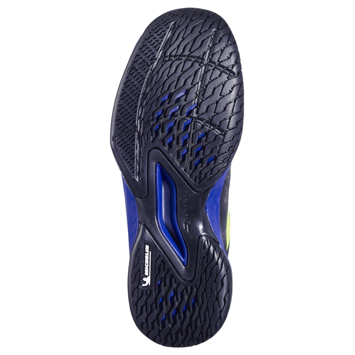 Close-up of the black Michelin outsole on the Babolat Propulse Junior 3 Boys Tennis Shoes - Black / Dark Blue, showing tread patterns, blue accents, and visible "Michelin" branding near the heel.