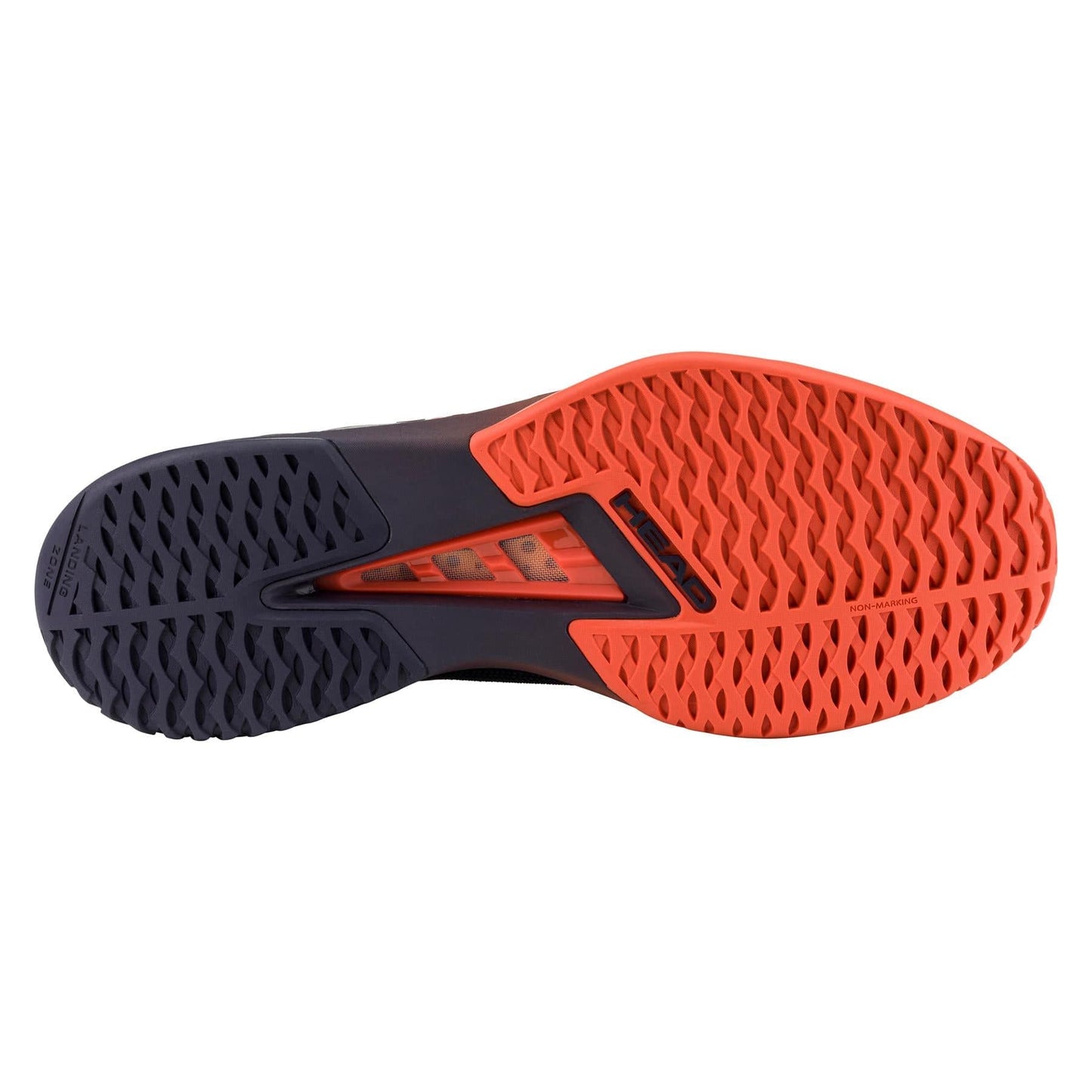 The image displays the sole of the HEAD Sprint Pro 4.0 Men's Tennis Shoes in Dark Blue/Red, with vibrant orange at the front and dark navy at the back. The all-court outsole has a wavy tread pattern for grip and lightweight comfort is enhanced by an OrthoLite insole.