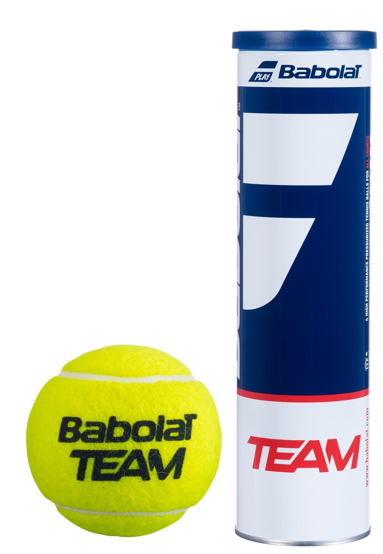 A tube of Babolat Team X4 Tennis Balls - 4 Ball, celebrated for their high performance, is accompanied by a cylindrical can displaying the Babolat logo and branding. The ITF-approved tennis balls are bright yellow with black lettering, while the can features a blue and white design with red accents.