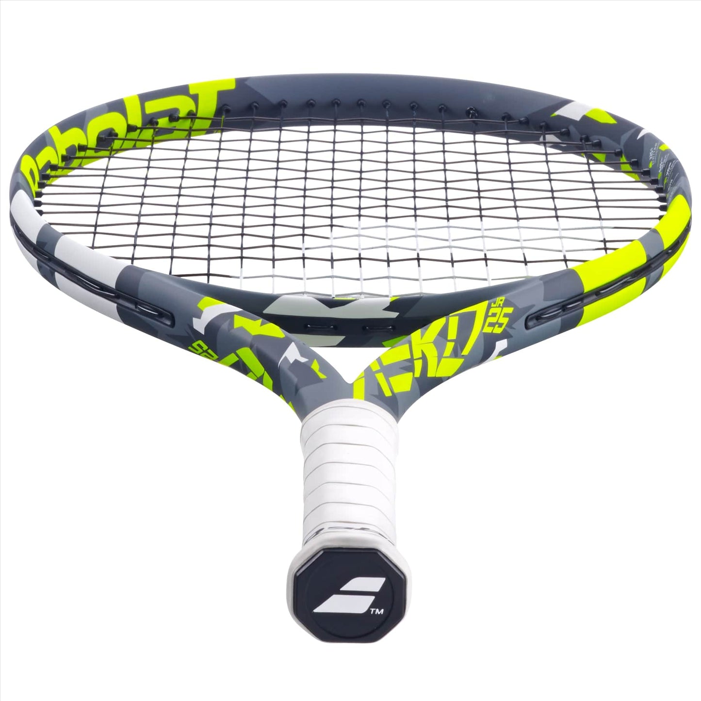 The Babolat Aero Junior 25 Tennis Racket, by Babolat, showcases a stylish grey and yellow design. It comes with a comfortable grip and an intricate string pattern on the black head. The handle also features a logo with a geometric shape, making it an ideal choice for aspiring tennis stars.