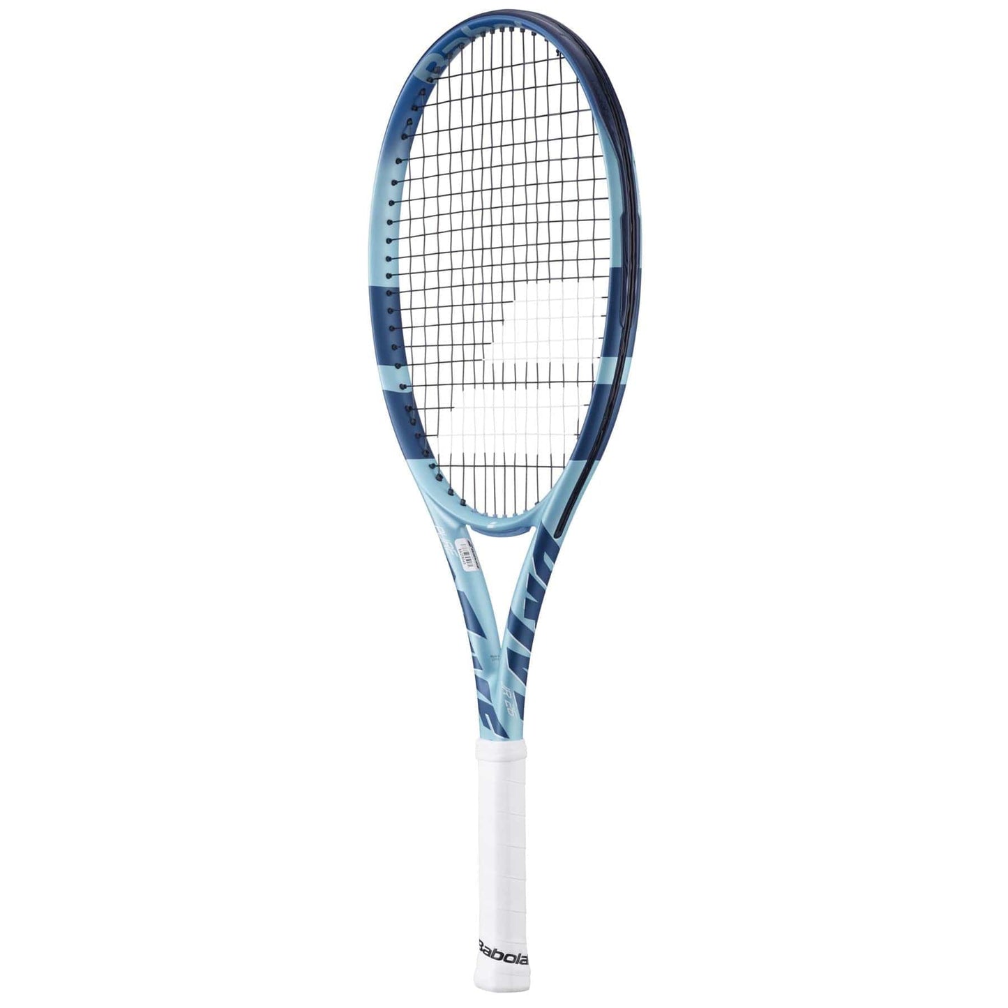 The Babolat Pure Drive Junior 26 Gen 11 Tennis Racket features a light blue frame with a black string pattern and a comfortable white grip, making it an excellent choice for young competitors looking to enhance their performance on the court.
