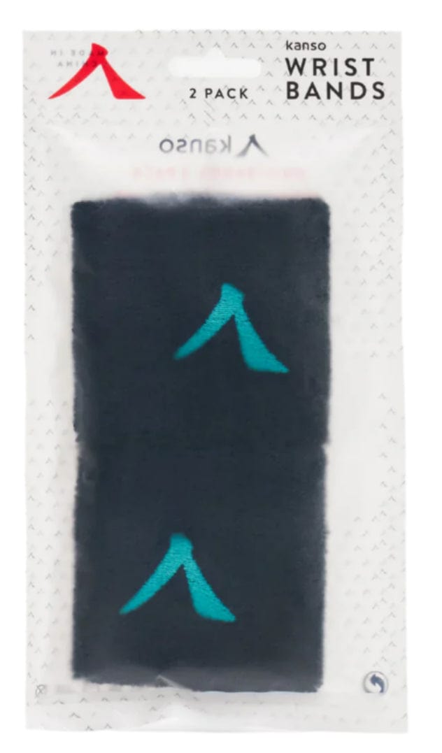 A package of two Kanso wristbands, made from absorbent fabric, is displayed. Each navy wristband showcases a teal design. "Kanso 7cm Wristband - 2 Pack" is highlighted at the top, with the wristbands neatly arranged in transparent wrap.