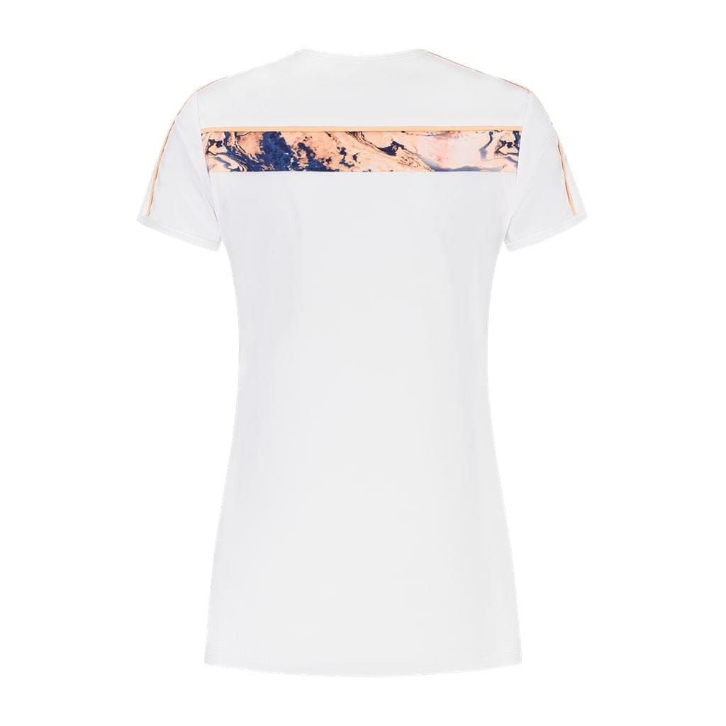 The back view of the K-Swiss Hypercourt Crew Tee 3 Women's Tennis T-Shirt showcases a horizontal marbled pattern in shades of peach and black across the upper back, made from breathable polyester.