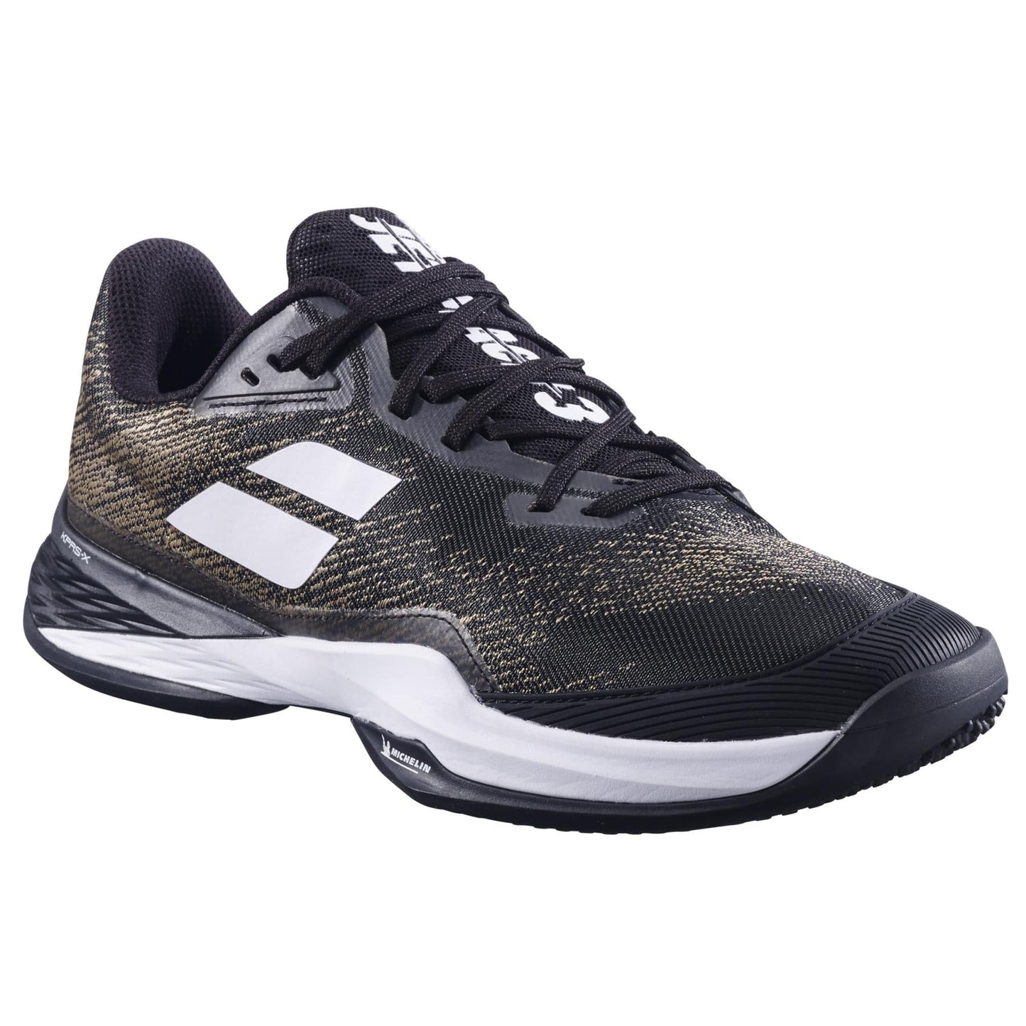 The Babolat Jet Mach 3 Sand Grass Men's Wide Tennis Shoes in black/white feature a textured design with white stripes, Matryx technology for enhanced performance, a black sole with white accents, and a secure lace-up front for style and function on the court.
