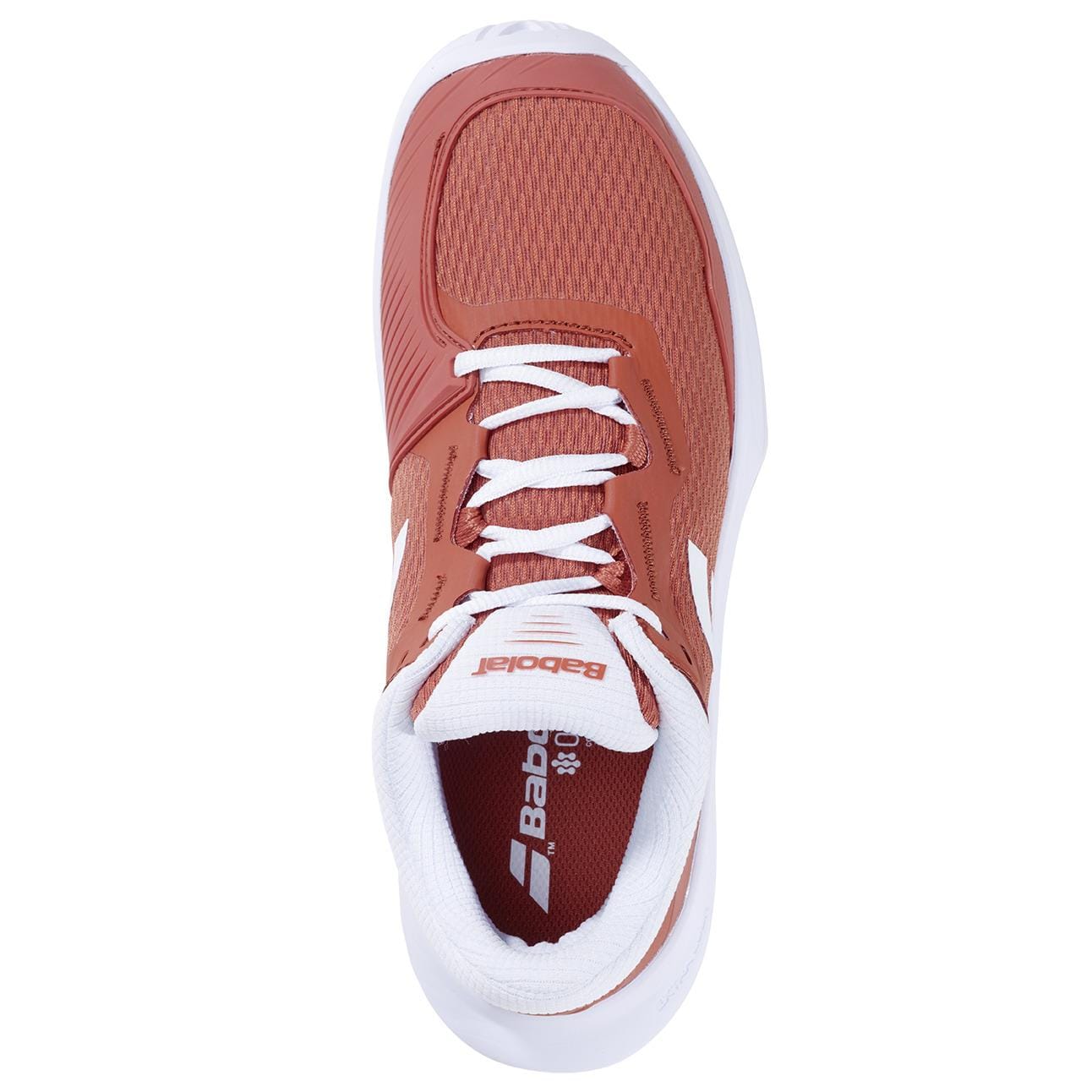Top view of the Babolat SFX 4 Womens Tennis Shoes in Terra Cotta, featuring white laces, matching interior and sole, with the Babolat brand name visible on the tongue and insole for comfort and style.
