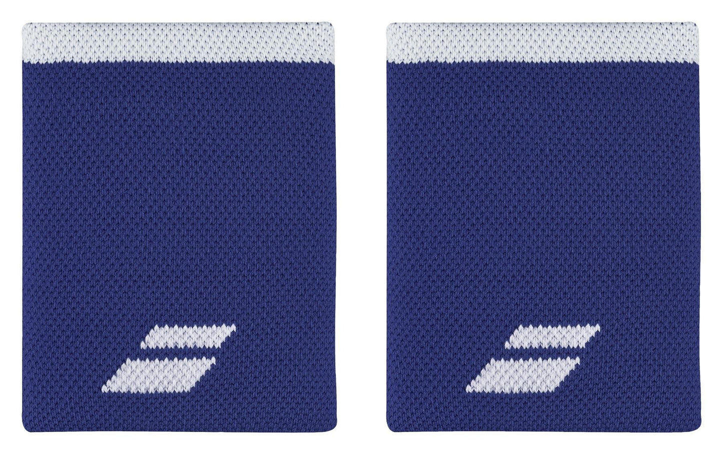 Two Babolat Jumbo Logo Wristbands in white and sodalite blue showcase a comfortable knit texture, featuring a subtle white logo in the bottom corner and a distinct white stripe along the top edge. They are presented side by side against a clean white background.