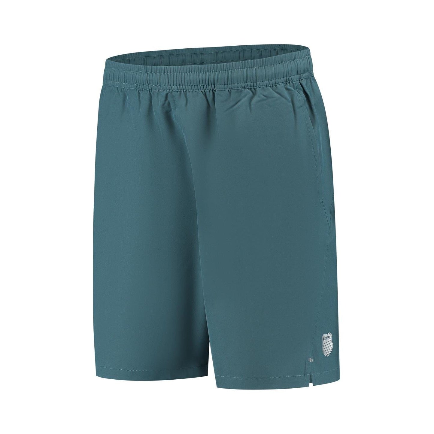 The K-Swiss Hypercourt 7" Men's Tennis Shorts 2 in Stargazer feature a teal color, elastic waistband, and small logo on the lower left leg. Made of four-way stretch polyester, they offer a lightweight feel perfect for sports or casual wear and pair well with the K-Swiss Hypercourt 2 for an active lifestyle.