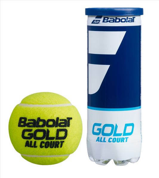 A tube of Babolat EVO Gold All Court Tennis Balls (3 Ball Tube) is positioned beside a single yellow pressurized ball, both exemplifying durability. The tube, adorned in blue and white with bold lettering, harmonizes with the ball crafted for all court surfaces.