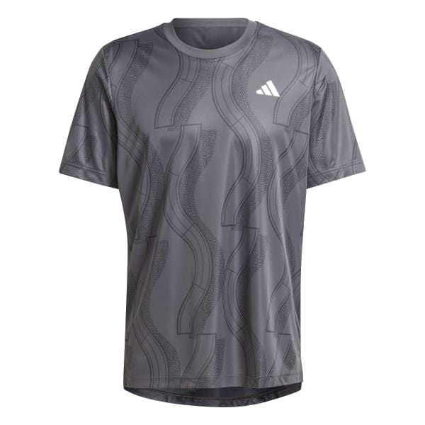 The adidas Men's Club Graphic Tennis T-Shirt comes in a carbon black hue with an athletic design, showcasing a wavy pattern and a white logo on the chest. It features short sleeves, a slightly curved hem, AEROREADY technology, and is made from 100% recycled materials.