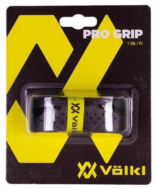 The packaging for the Volkl Pro Replacement Tennis Grip - Black, highlighted with yellow accents, prominently features "Pro Grip" and "Volkl" on its cardboard backing. Crafted for player comfort, the grip is encased in a clear plastic covering that provides excellent moisture absorption.