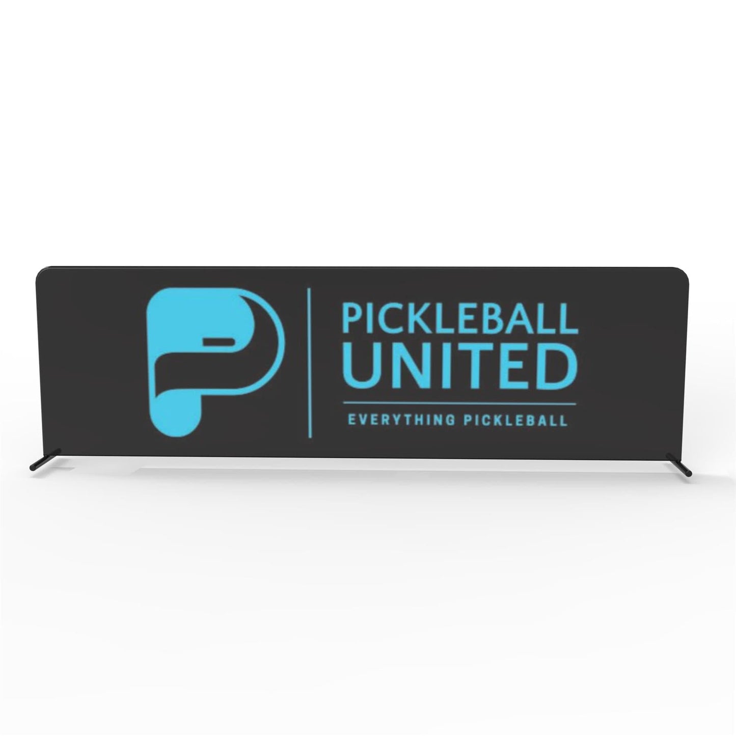 The Pickleball United Court Surround Barrier is black with a blue logo, “PICKLEBALL UNITED,” “EVERYTHING PICKLEBALL,” and a large stylized "P" on the left, offering a professional appearance.
