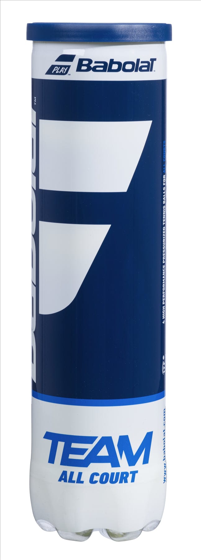 A cylindrical tube of Babolat Pure Team All Court Tennis Balls, featuring a blue and white design with a prominent stylized "B" logo, contains four high-performance tennis balls. The sealed container is positioned upright against a plain background.