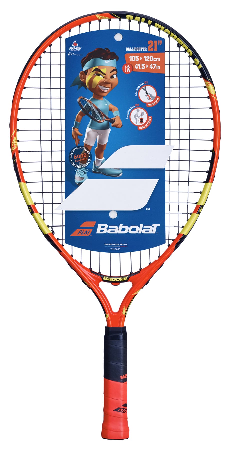 Displayed is a Babolat Ballfighter 21 Tennis Racket in orange, black, and yellow, designed for juniors. Perfect for teaching grip with intact strings, it includes a tag featuring a cartoon player and details: 21 inches long, suitable for children 105-120 cm tall, ideal for introducing kids to tennis.