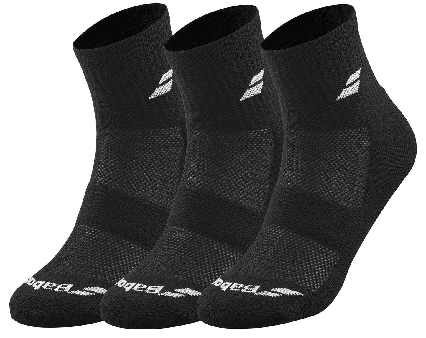 Three pairs of Babolat Quarter 3 Pack Tennis Socks in black are displayed in a row. Each sock showcases a white Babolat logo near the top and another on the toe area. Designed with ventilated zones, these socks offer both comfort and support, while the ribbed cuff and textured pattern along the foot enhance grip.