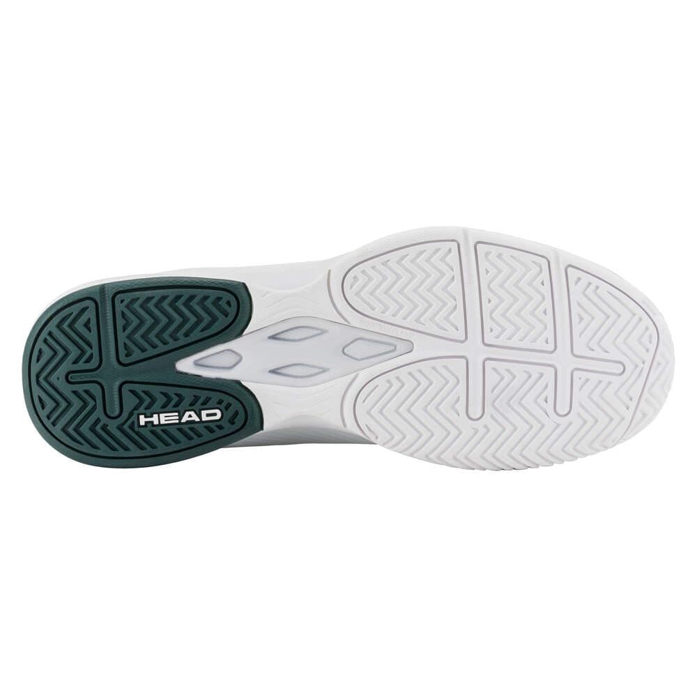 The image displays the sole of the HEAD Revolt Court Men's Tennis Shoes in White/Pine Green. With a white base and green accents, they feature a herringbone tread for lightweight comfort. The "HEAD" brand name is in white on the green section.