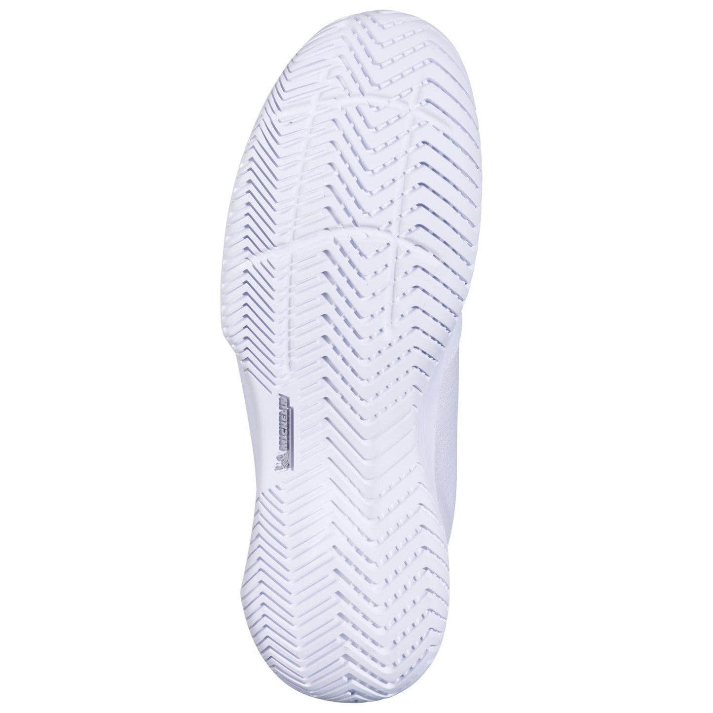 The image displays the white sole of the Babolat SFX Evo Men's Tennis Shoe, featuring a detailed herringbone tread pattern for grip and traction, with a small rectangular label—ideal for those needing wide tennis shoes.