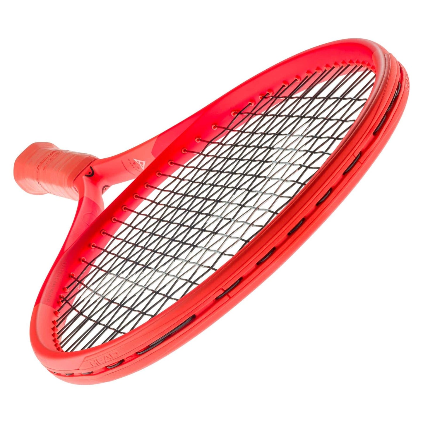The HEAD Radical MP 2025 Tennis Racket - Orange, with Auxetic 2.0 technology, features an orange frame and black strings for top-tier all-court performance. Its curved design and red-taped grip offer precision and style from every angle.