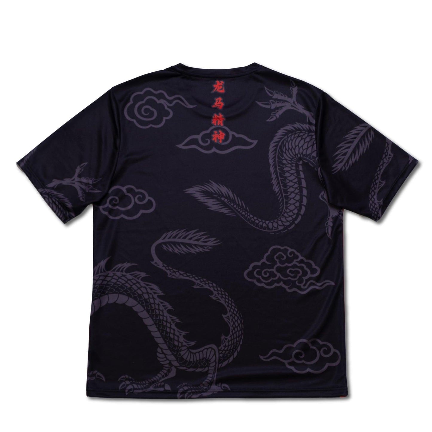 The Yonex CNY2024 Fighting Dragons Men's Tennis T-Shirt - Black features an eye-catching design ideal for Chinese New Year, with its black fabric decorated by a dark grey dragon moving through clouds and bold red kanji on the back, blending traditional elegance with modern style.