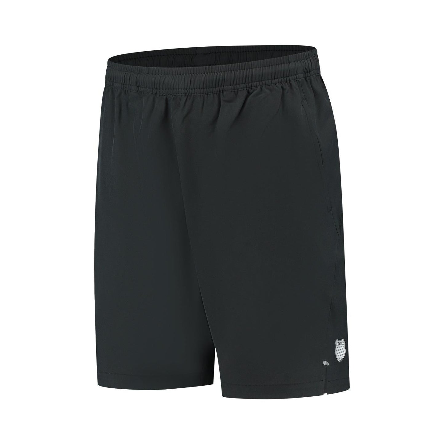 The K-Swiss Hypercourt 7" Men's Tennis Shorts 2 in black feature an elastic waistband, subtle logo near the hem, and are made from four-way stretch polyester for comfort and flexibility. Ideal for sports or casual wear.