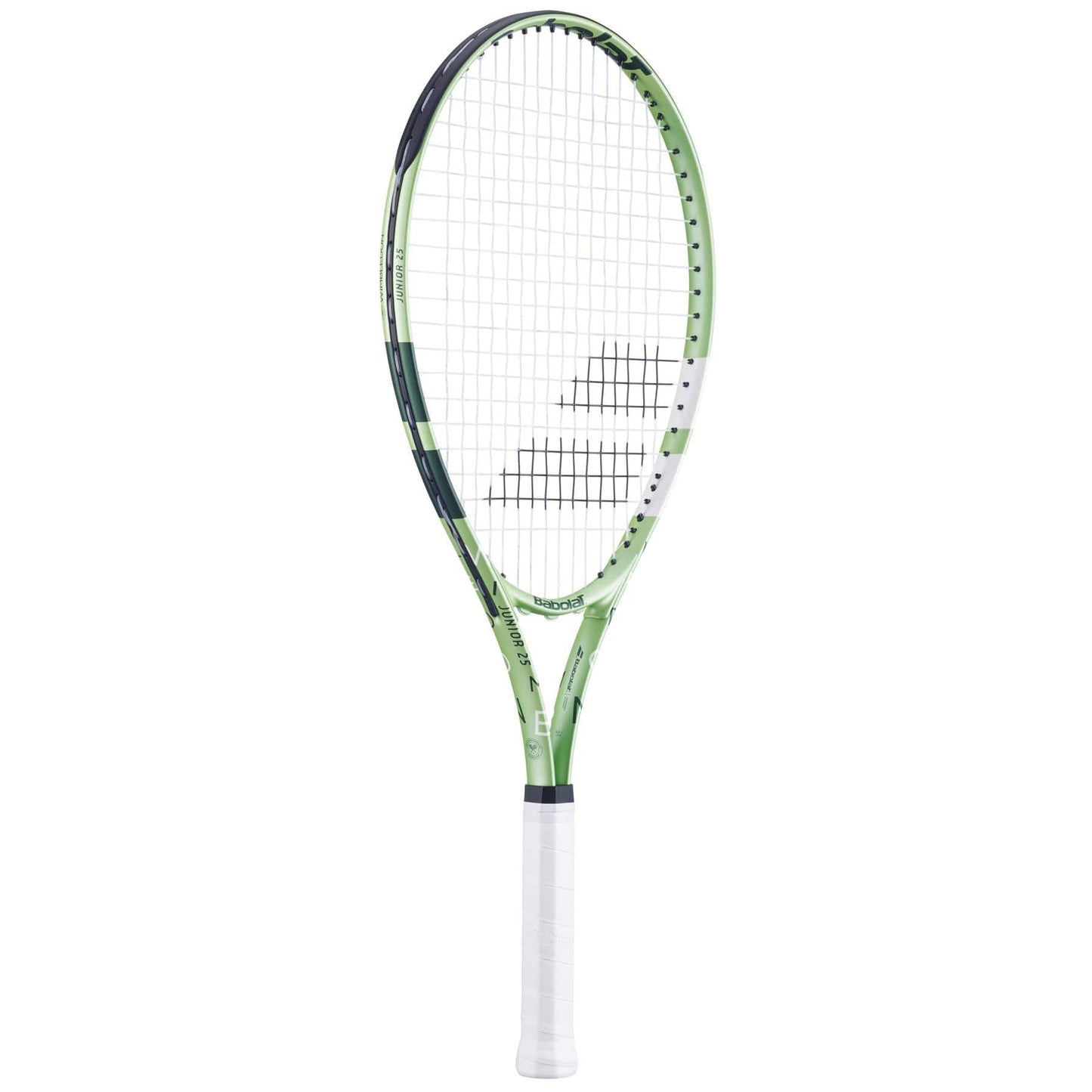 The Babolat Junior 25 Wimbledon 2025 Tennis Racket in Champagne Green is shown upright against a white background, featuring green and white colors with a black patterned head and white grip—ideal for junior tennis players.