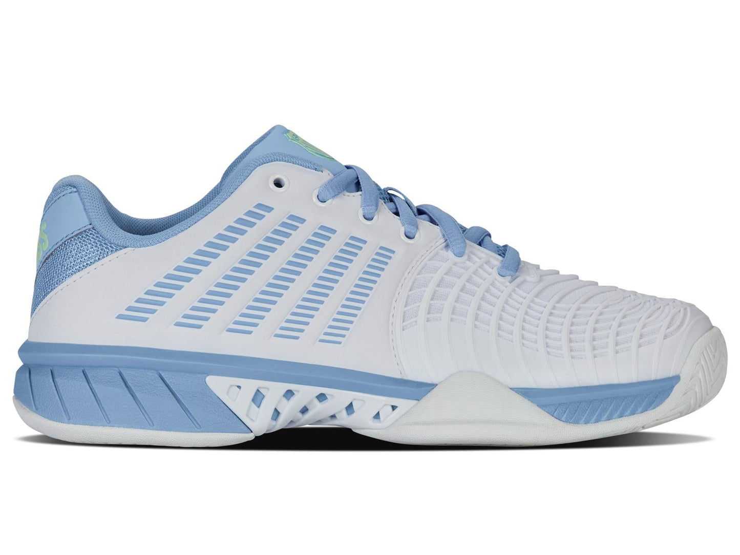The K-Swiss Express Light 3 Women's Tennis Shoes feature a durable DuraWrap Flex upper in white with light blue accents on the heel and tongue. The shoes have a textured sole, lace-up closure, and side ventilation slits.