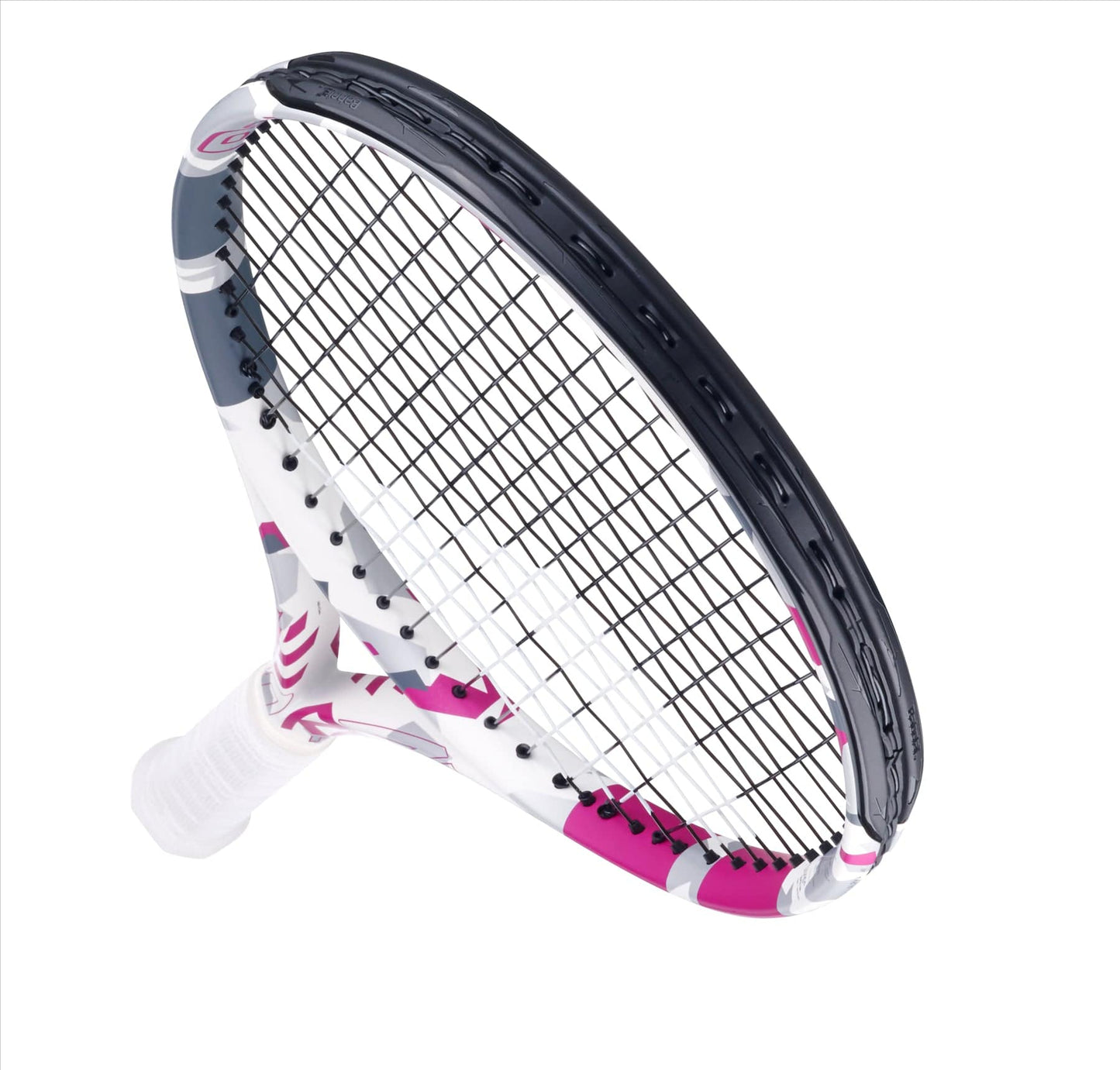 The Babolat Evo Aero Lite Tennis Racket - Pink features a black string pattern that enhances spin potential, along with a white grip wrapped around the handle. Its frame displays a dynamic design combining shades of pink, white, and black, offering both power and comfort against its clean white background.