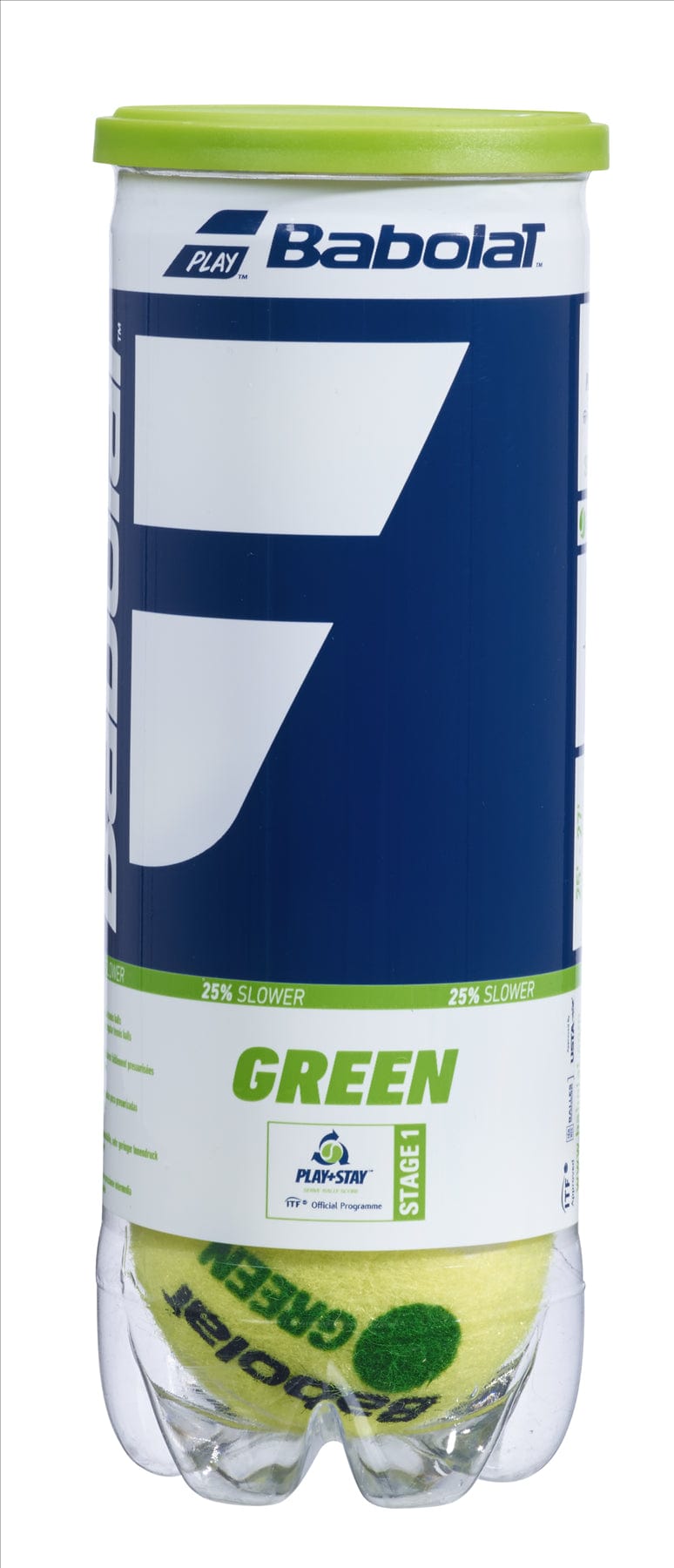 A clear tube containing three Babolat Initiation Stage 1 Tennis Balls - Green, ideal for beginners, is marked with a 25% speed reduction. The package features a blue and green design with a coordinating green lid, making it perfect for training sessions.