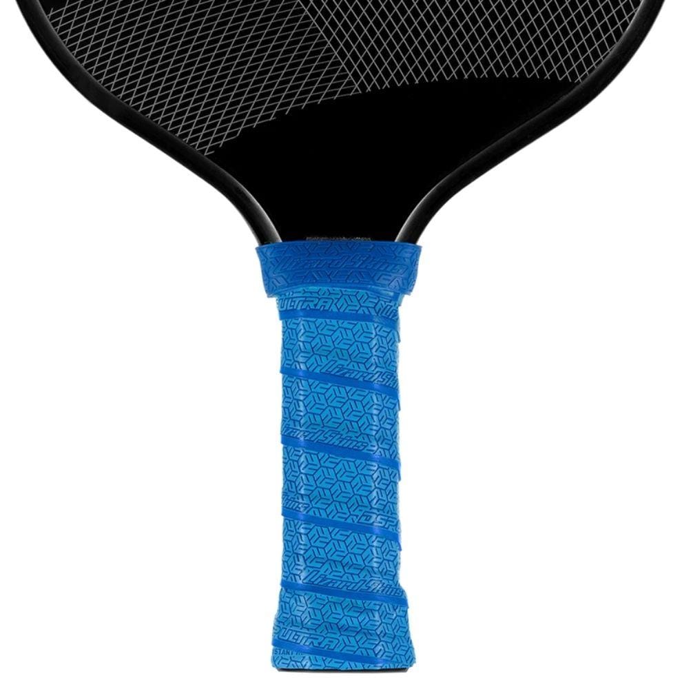 A close-up of the Lizard Skin DSP Ultra Pickleball Grip 0.8mm - Polar Blue, featuring a geometric pattern on the paddle handle, demonstrates Lizard Skin’s superior grip with part of the paddle face visible above.