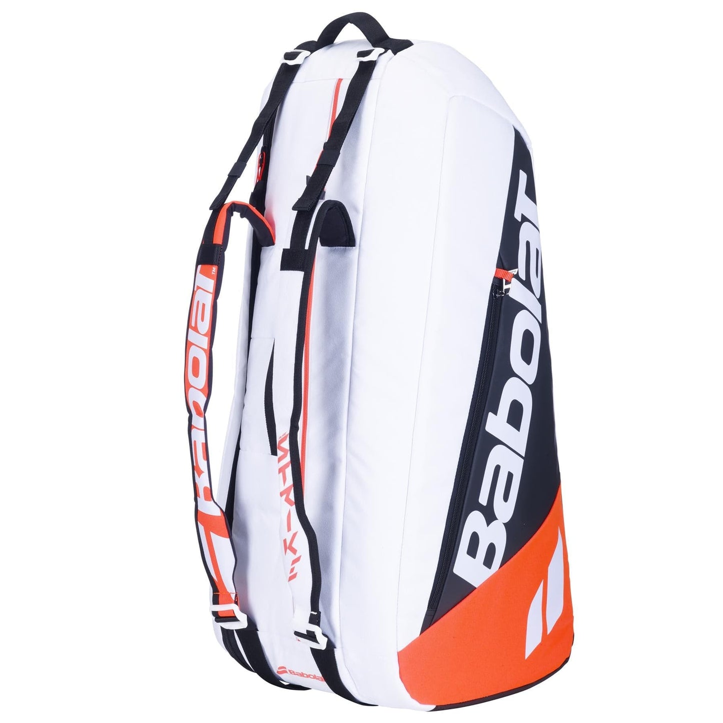 Introducing the Babolat RH6 Pure Strike 4th Gen 6 Racket Tennis Bag, designed in a stylish combination of white, black, and red. This innovative bag offers multiple straps and compartments, expertly made with isothermal material to ensure your gear stays protected.