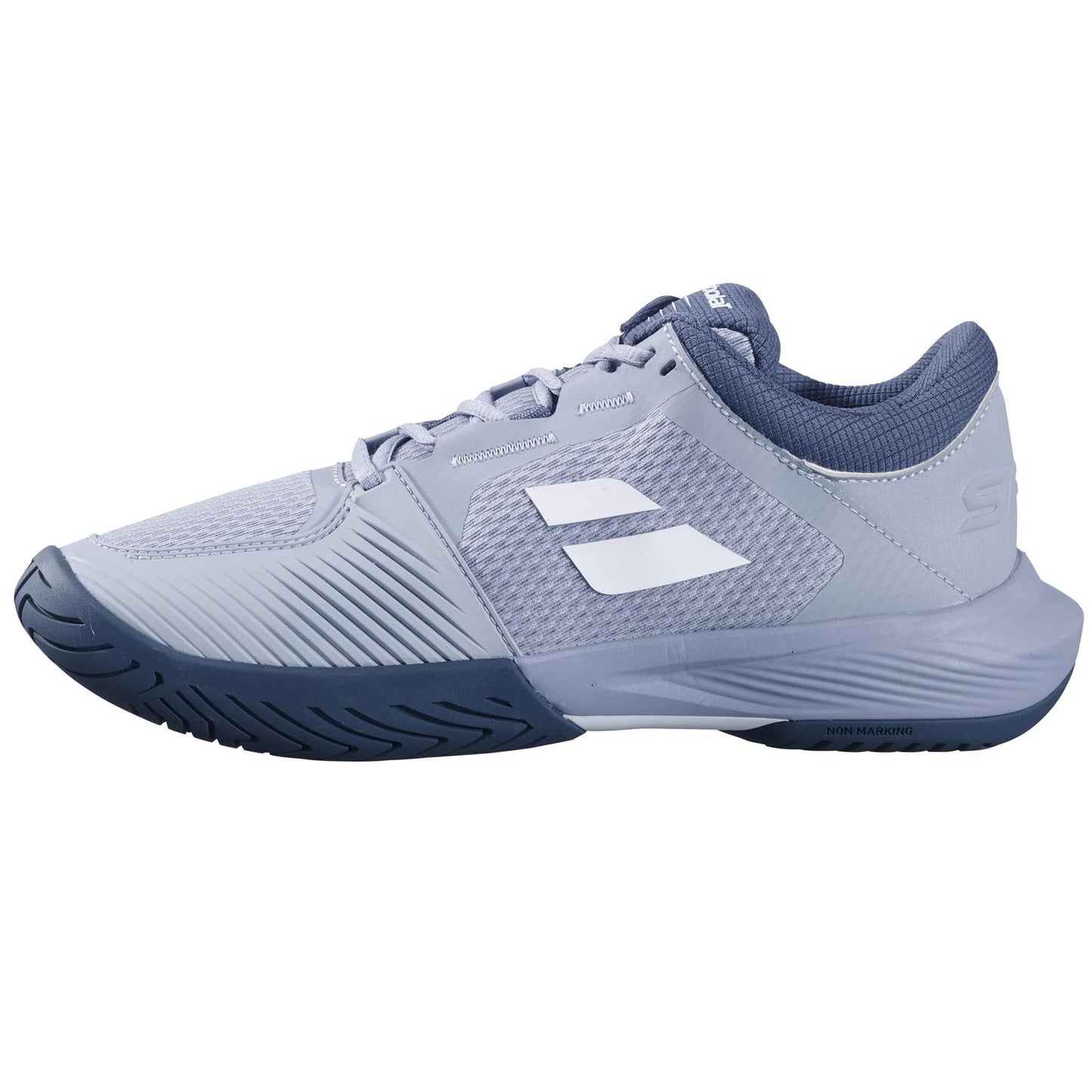 The Babolat SFX 4 All Court 2025 Men's Tennis Shoes in grey and white feature a textured sole, a white logo on the side, and dark blue accents on the heel and collar. Designed for ultimate comfort, their supportive and breathable construction ensures excellent performance on the court.