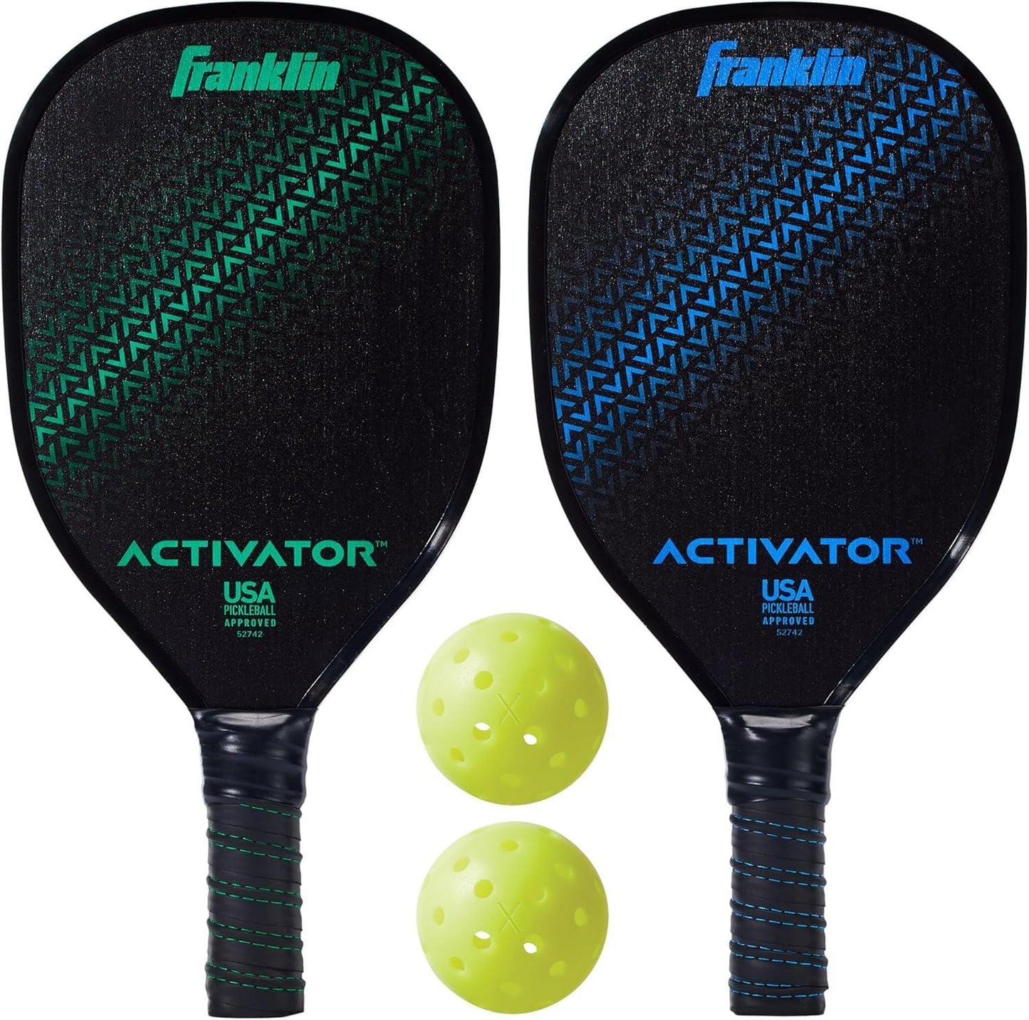 The Franklin Activator 2-Player Pickleball Set by Franklin is shown with two black, USA Pickleball Approved paddles—one with green and one with blue accents—displayed above two yellow perforated pickleballs.