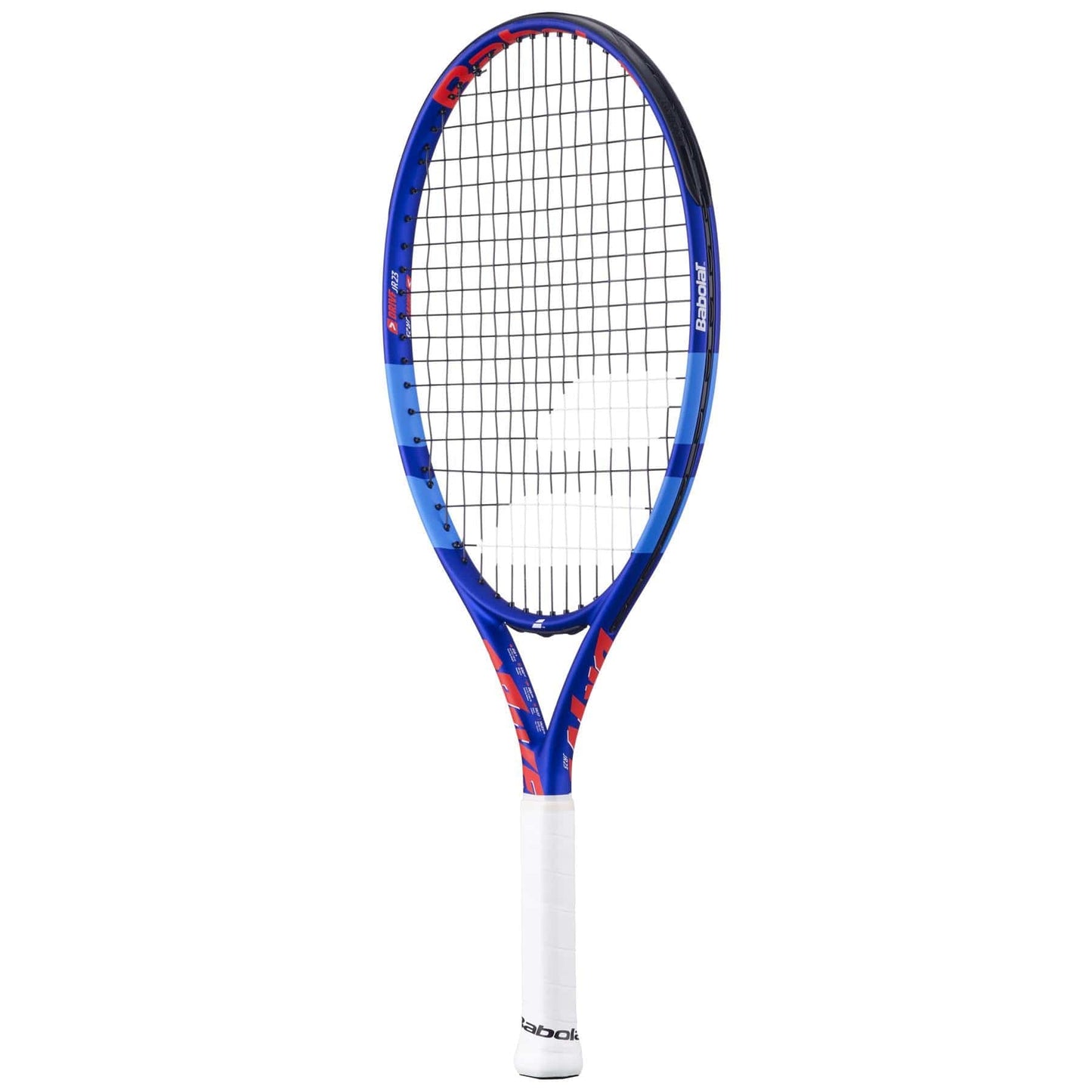 The Babolat Drive Junior 23 Tennis Racket in blue features a sleek modern design with a white handle and red accents. Its composite graphite frame includes a circular head with crisscrossed strings, displaying the Babolat logo on both the frame and handle.