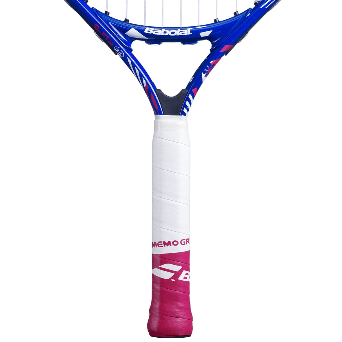 Close-up of a purple and pink Babolat B-Fly 21 Junior Tennis Racket with a white grip handle. The brand name is clearly visible, and the strings are tightly woven. Recognized as one of the top children's tennis rackets, it stands out against a plain white background.