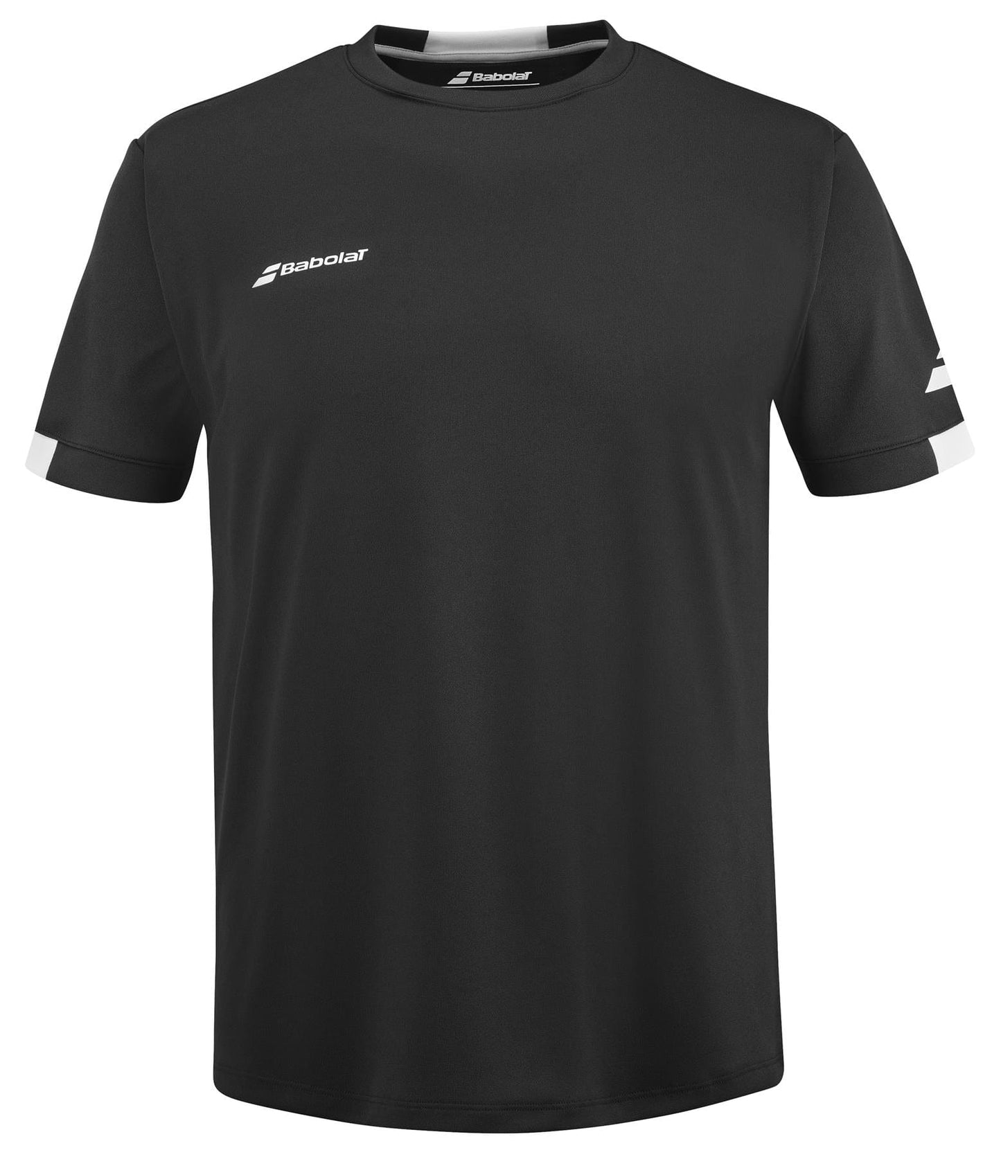 The Babolat Play Mens Crew Neck Tennis T-Shirt in black, by Babolat, features short sleeves and displays the brand's Play logo on both the chest and sleeve. This Fiber Dry shirt boasts a minimalist design enhanced with white accents on the sleeves, ensuring comfort and breathability for an active lifestyle.