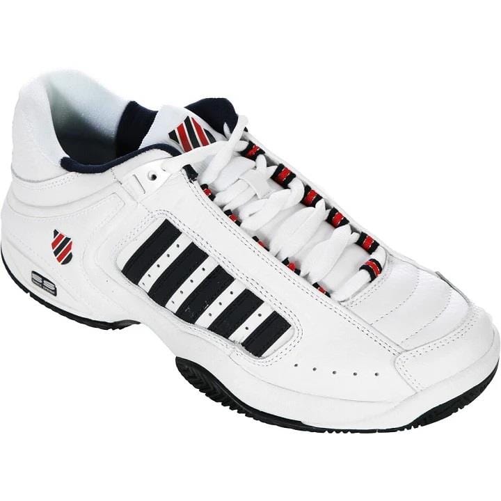 The K-Swiss Defier RS Men's Tennis Shoes showcase a robust white design accented with dress blue stripes, fiery red and blue eyelets, and the K-Swiss logo on both the tongue and side. They feature a stable blue sole and white laces, making them an excellent choice for sports or casual wear.
