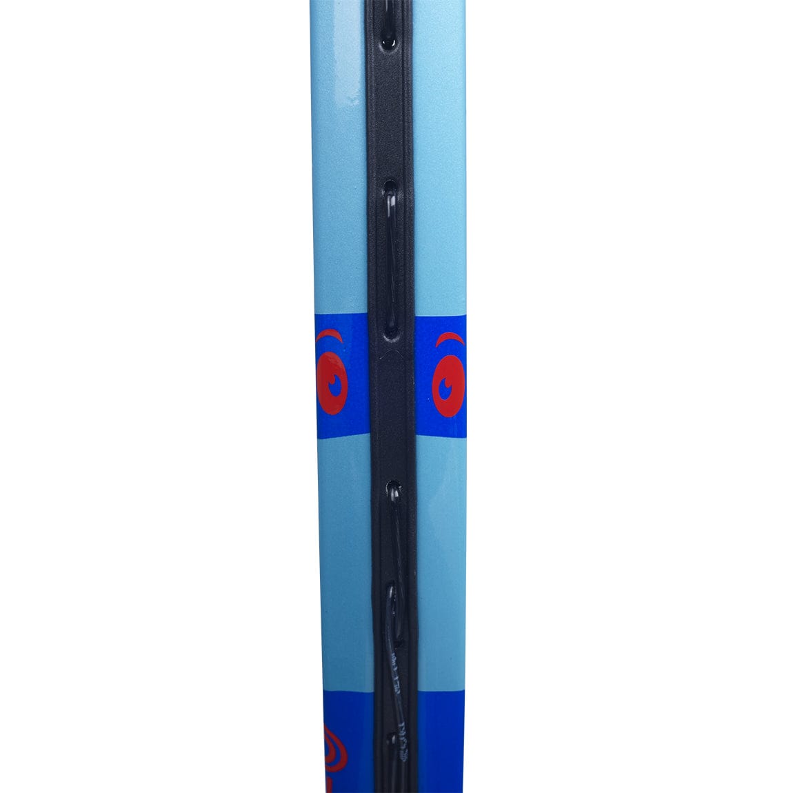 Close-up of a snowboard with a light and dark blue striped design, highlighting an eye graphic in red. The central portion displays a black binding channel for securing the bindings, similar to how the Babolat BallFighter 21 Junior Tennis Racket supports beginners in tennis.