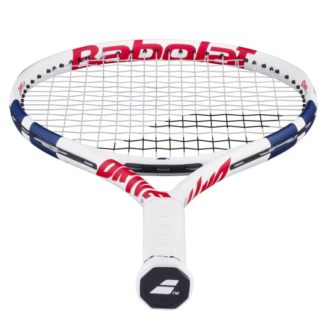 The Babolat Drive Junior 24 Tennis Racket, in white with red and blue accents, features the Babolat logo on its graphite composite frame and handle. Strings face forward—ideal for intermediate players.
