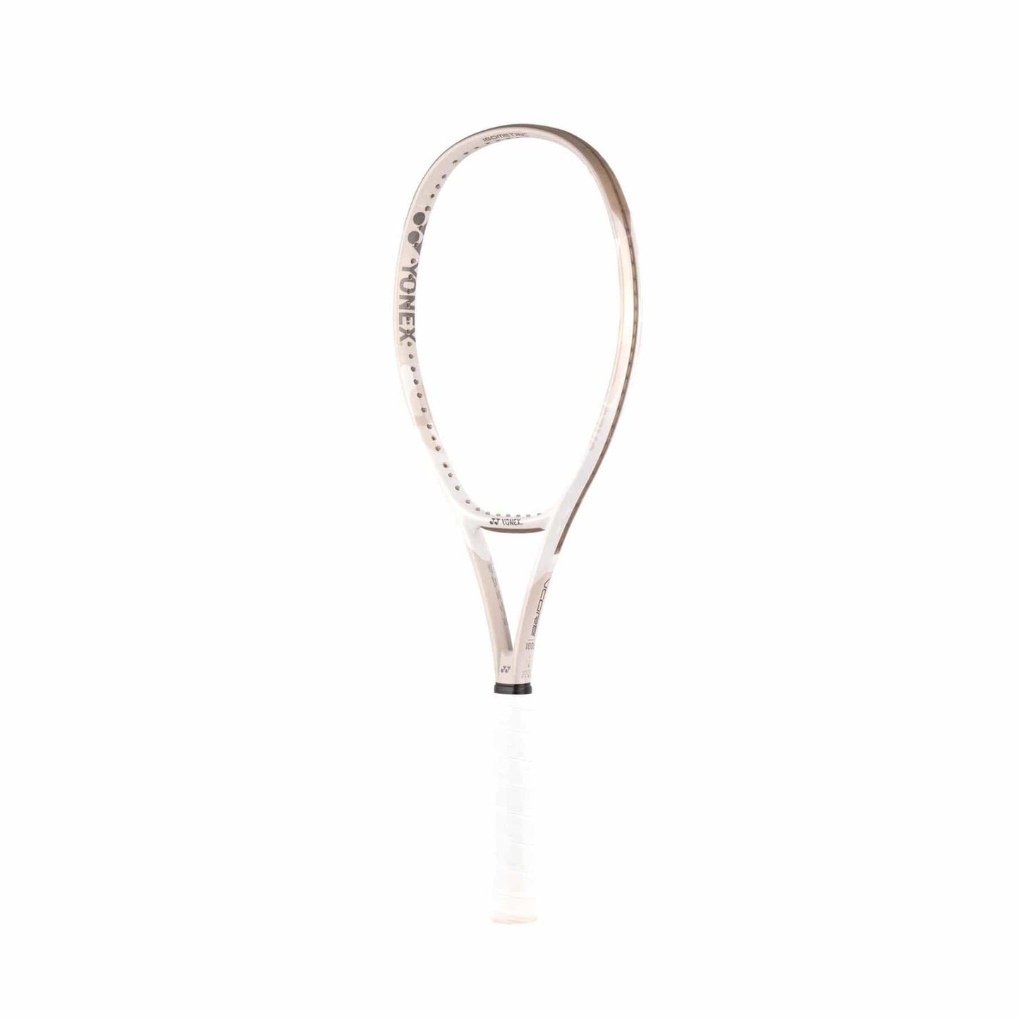 A sand beige Yonex VCORE 100L tennis racket frame, featuring ISOMETRIC technology, is displayed against a plain white background. The handle is wrapped in white grip tape, highlighting the characteristic design of Yonex VCORE rackets.