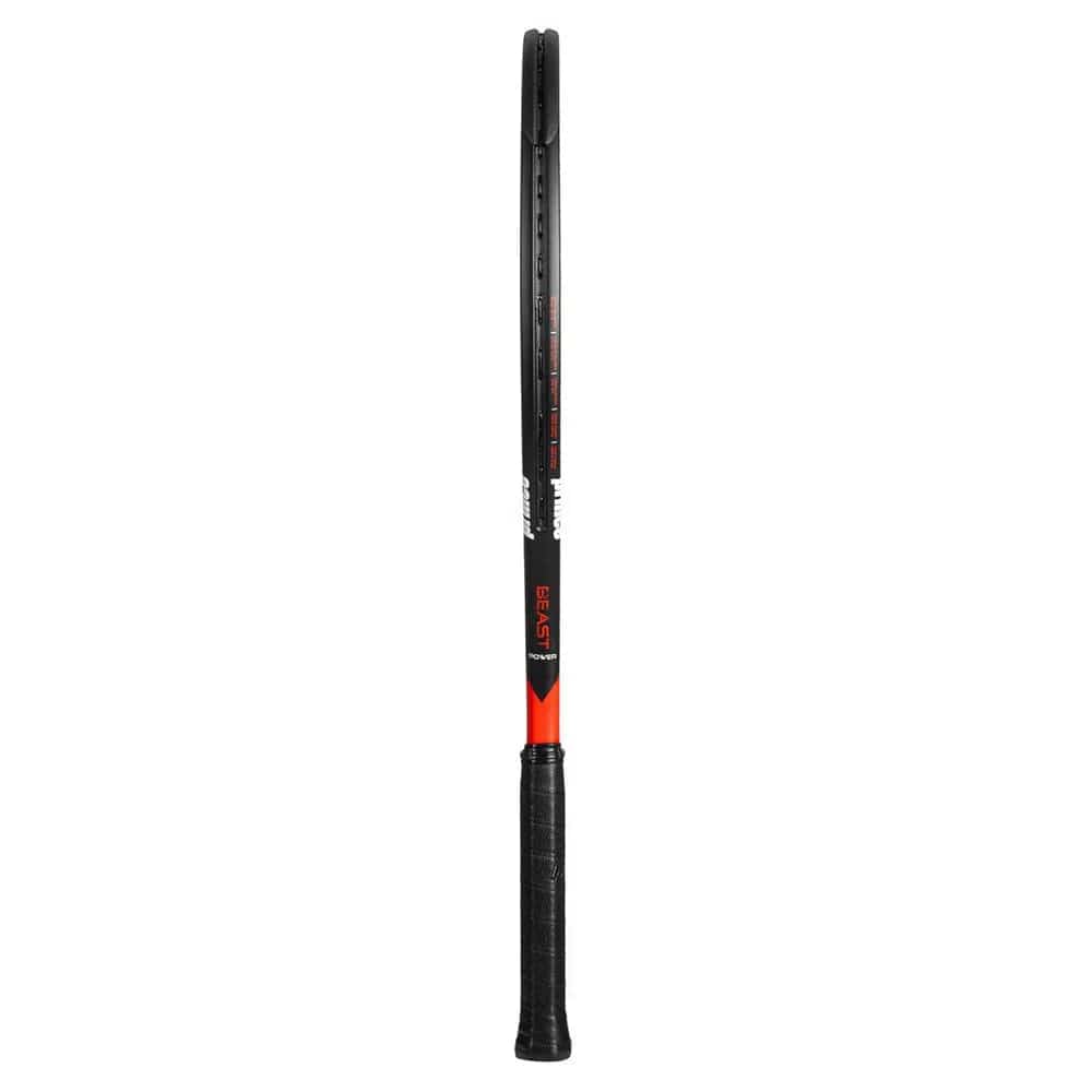 Side view of the Prince Beast Power 300g Tennis Racket in black and red, featuring a textured grip and sleek graphite frame. "Prince Beast Power" text is visible, highlighting its aerodynamic design for performance.