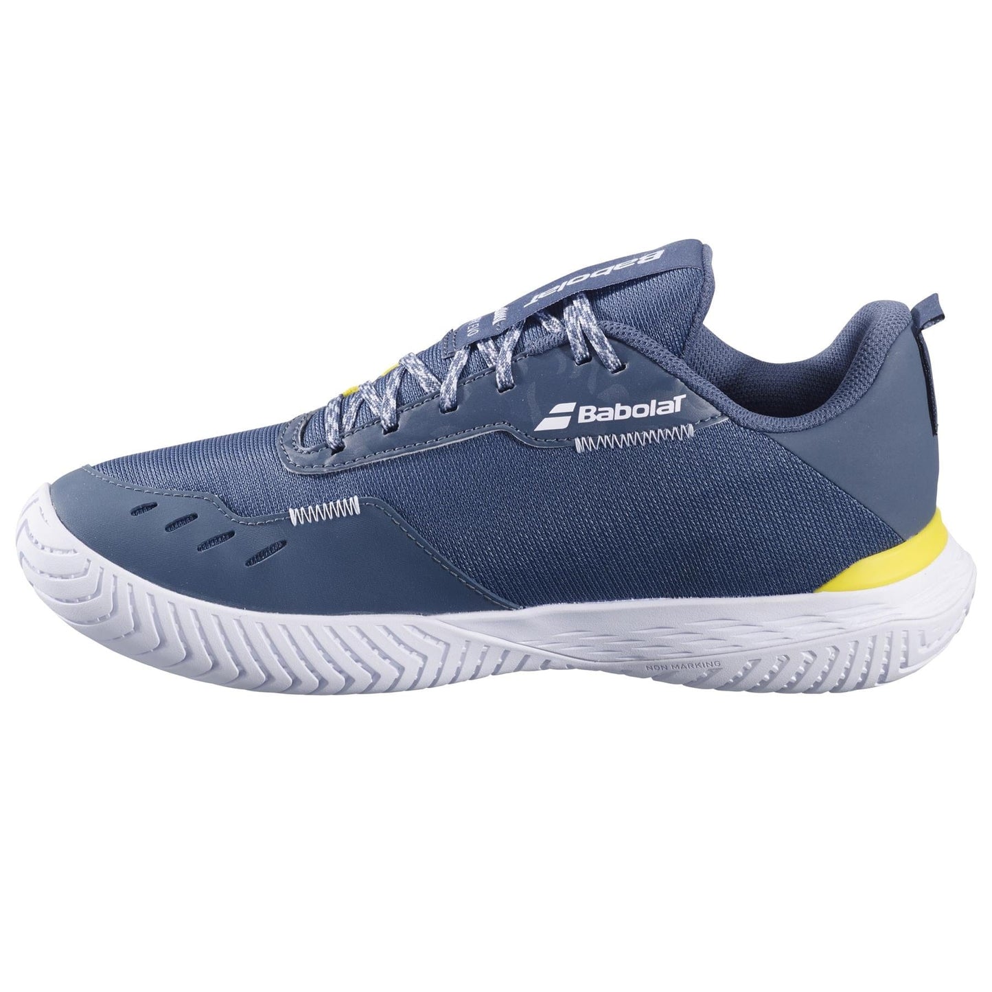 The Babolat SFX EVO All Court 2025 Men's Tennis Shoes feature a dark grey design with a white sole and yellow accents. Made with Michelin Original rubber for superior grip, they have "Babolat" branding on the side, patterned laces, and a convenient pull tab at the back.