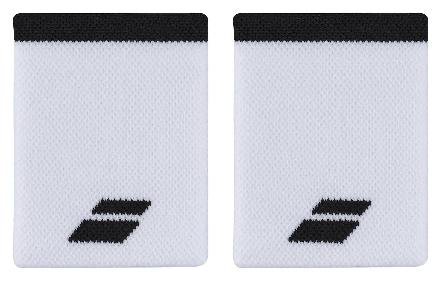 The Babolat Jumbo Logo Wristbands in white and black showcase the brand's logo prominently at the lower center. Crafted from textured, absorbent fabric, these wristbands are designed with a black stripe along the top edge to ensure effective perspiration control against their pristine white backdrop.