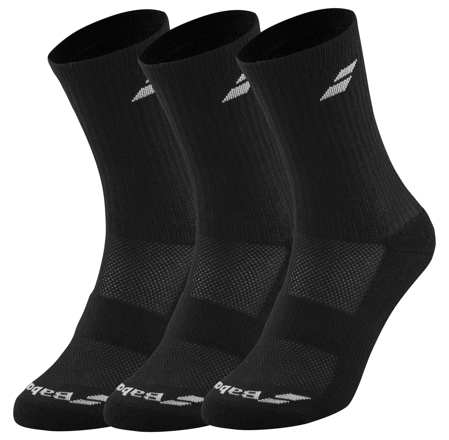 Displayed side by side, the Babolat Long 3 Pack Tennis Socks in black feature a crew-length design with ribbed cuffs and a subtle logo near the top. Crafted for comfort, each sock includes reinforced heel and toe areas to enhance durability and breathability.