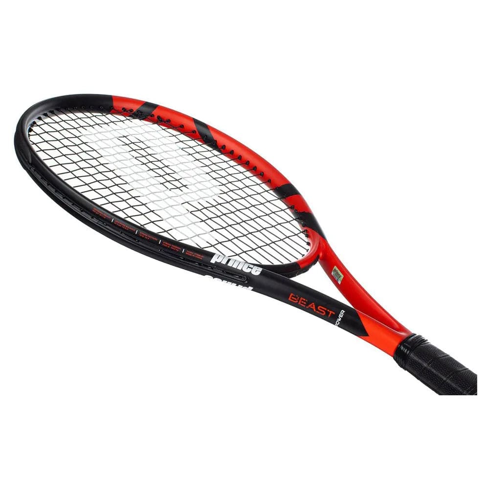 The Prince Beast Power 300g Tennis Racket in red and black showcases "Prince" on its frame. Its tightly woven strings offer power and control, with the model name "Beast" near the handle wrapped in sleek black grip tape.
