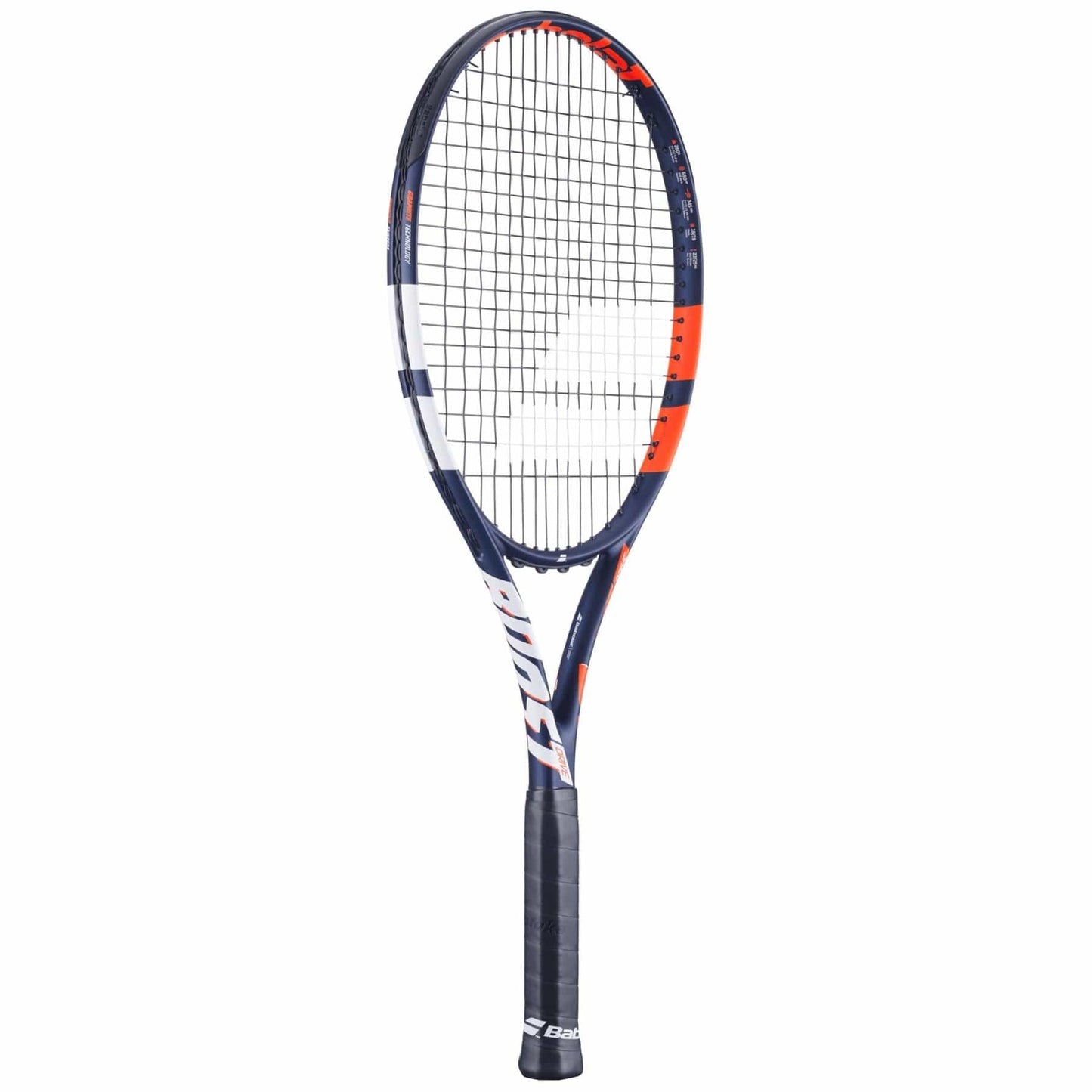 The Babolat Boost Drive Tennis Racket in blue, orange, and white features a graphite frame with branding text, a patterned grip, and tightly woven strings. Displayed vertically on a plain white background, it exudes professionalism and sleekness.