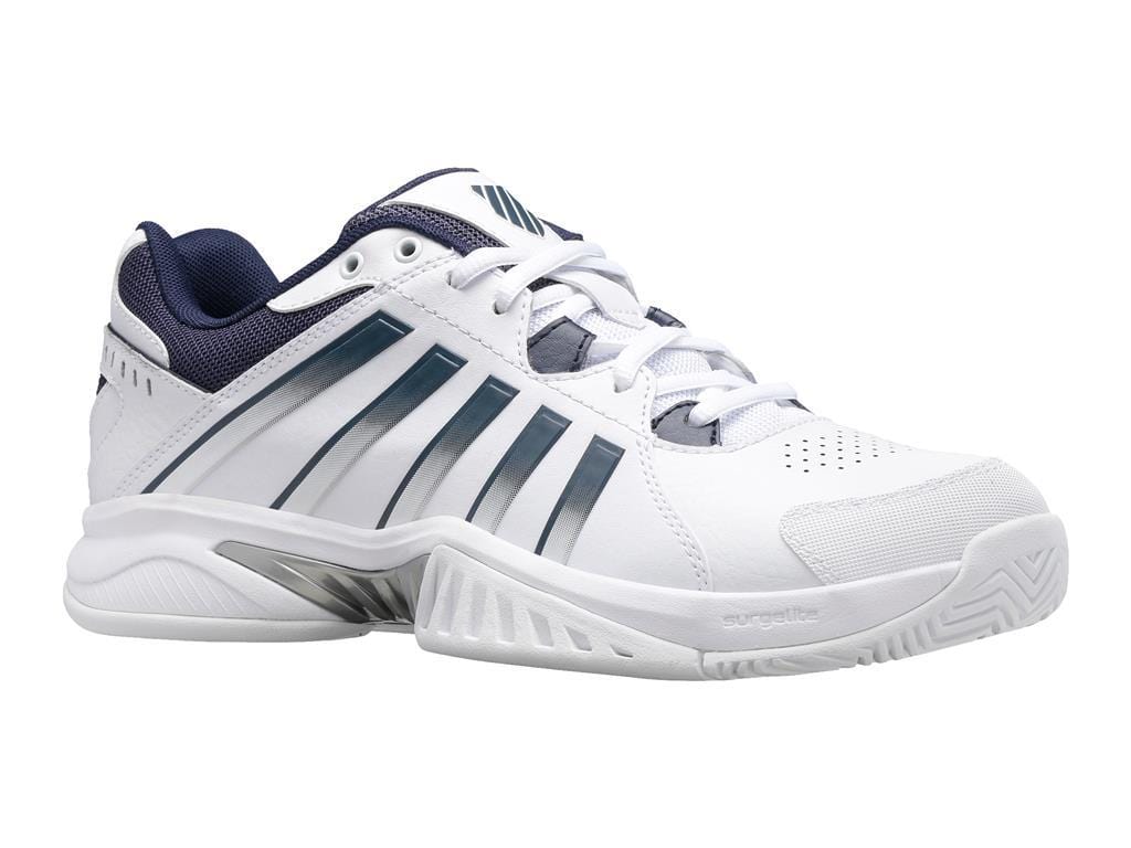 The K-Swiss Receiver V Men's Tennis Shoes in White, Peacoat, and Silver feature a mesh and synthetic upper for breathability and support, complemented by dark stripes on the side. Designed for performance with enhanced cushioning, these shoes also have white laces and a textured sole to ensure comfort on the court.