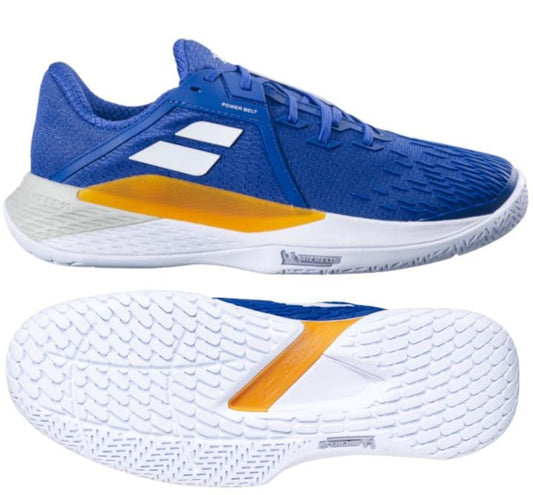 The Babolat Propulse Fury 3 2024 Men's Tennis Shoes in Mombeo Blue are athletic tennis footwear featuring a textured upper, a striking white sole, and bold yellow accents. They boast top lacing and a detailed tread pattern for excellent grip and offer superior shock absorption to enhance comfort on the court.